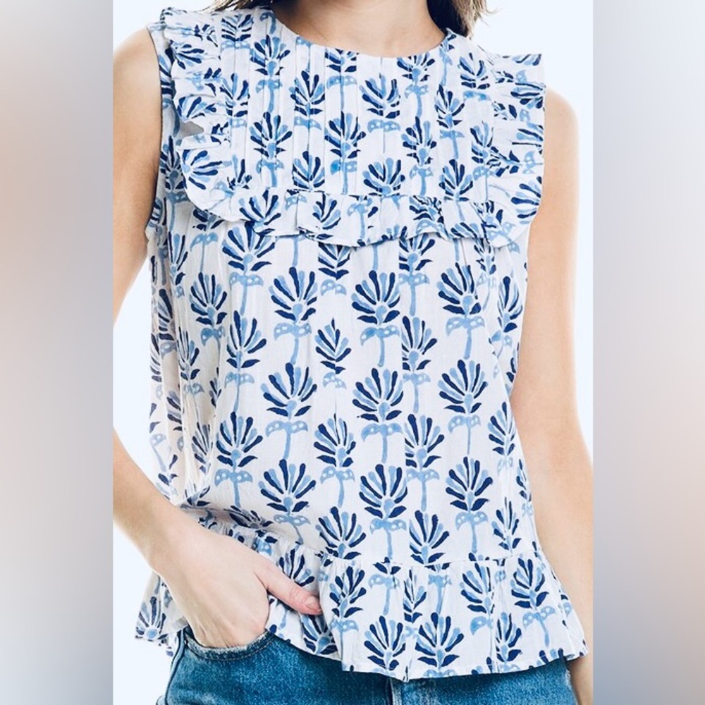 SOLE Blue & White Floral Print Ruffle Trim Tunis Top Size S NWT